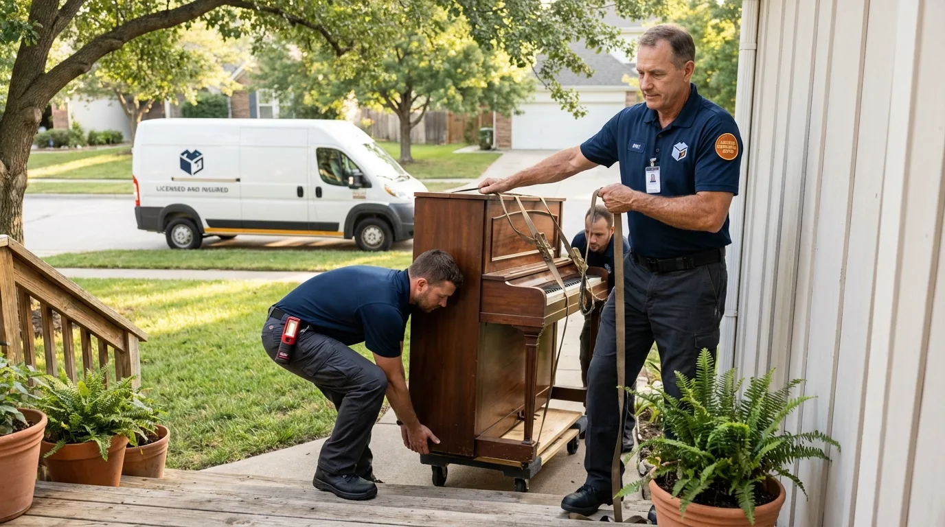 Licensed piano movers securing grand piano in Raritan, NJ