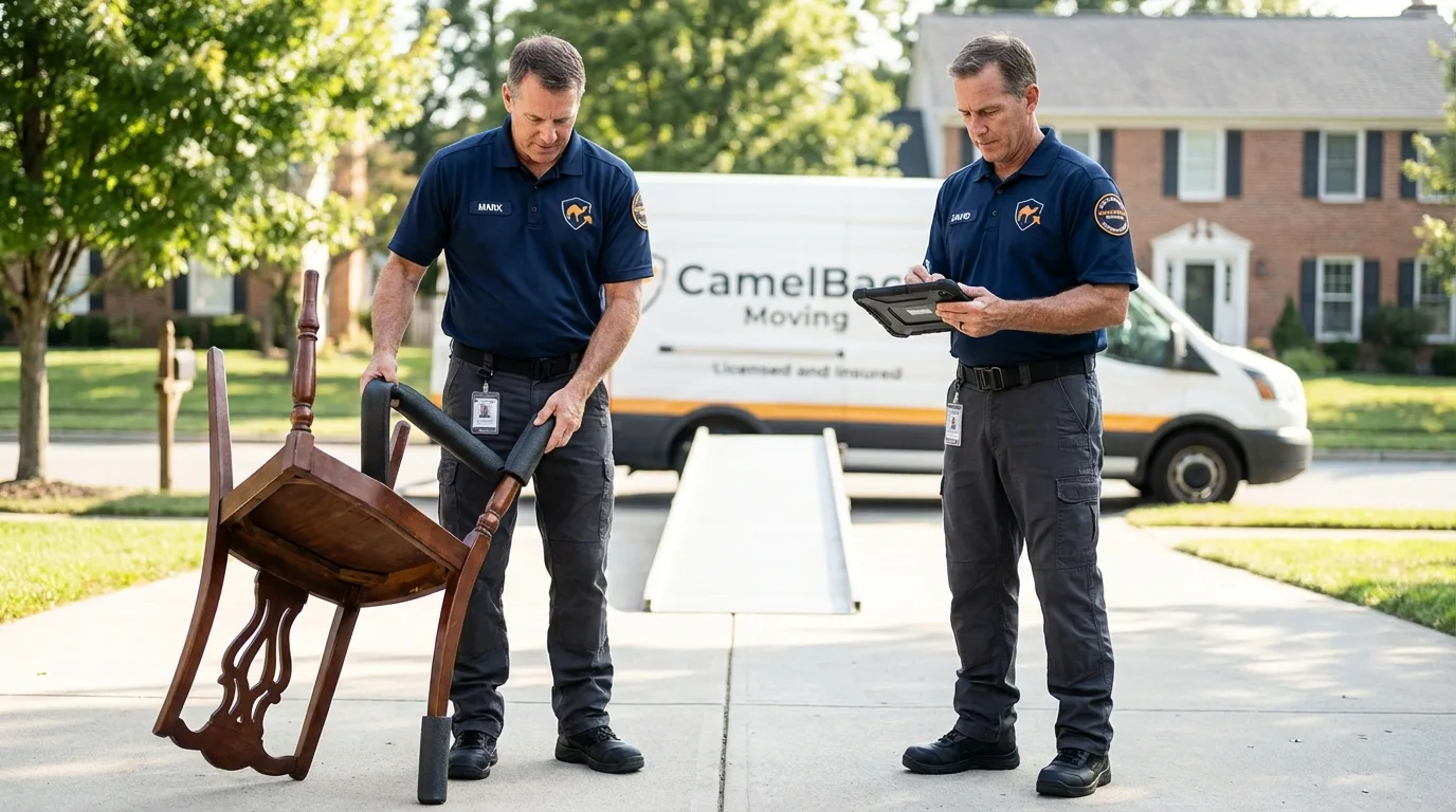 Movers inspecting furniture for damage prevention before loading in Raritan, NJ